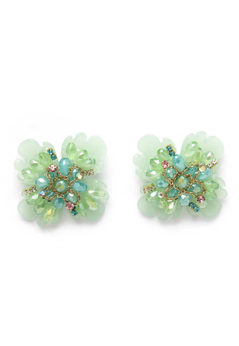 Green Petal Floral Earrings With Delicate Stone Accents