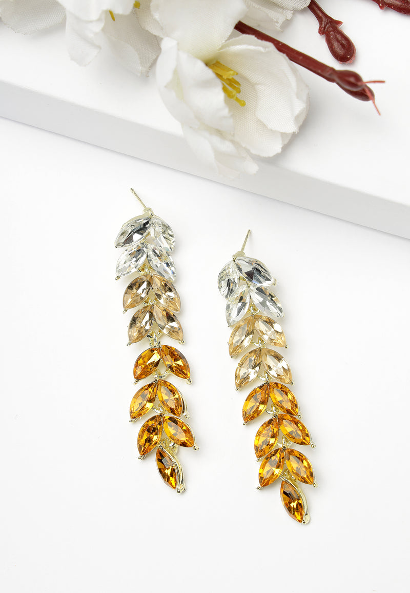 Boucles D'oreilles Longues Pendantes Avec Feuilles Jaunes Scintillantes