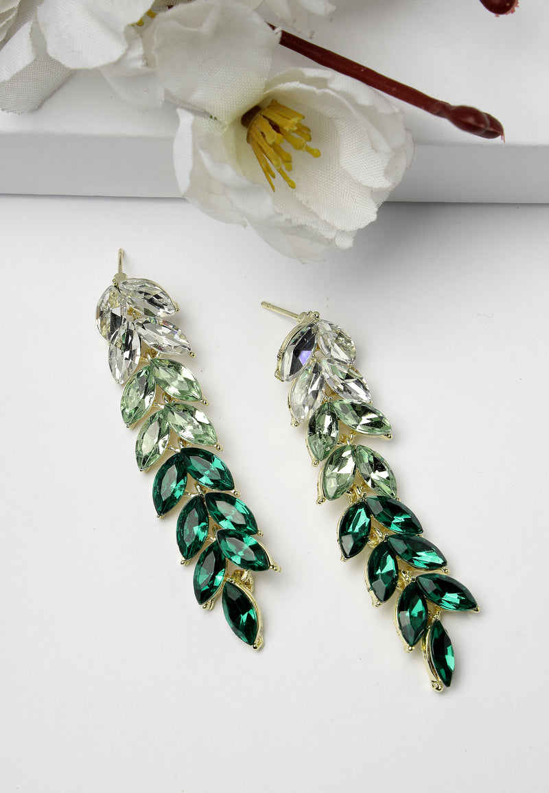 Boucles D'oreilles Longues Pendantes Avec Feuilles Vertes Scintillantes