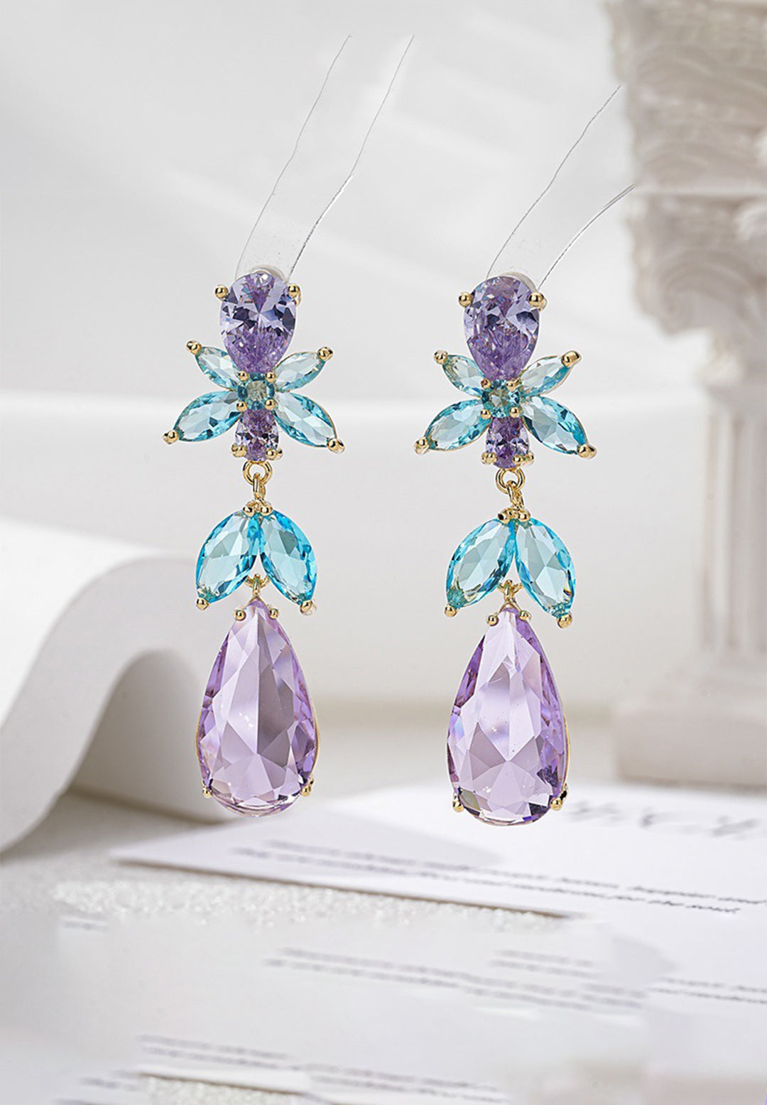 Cubic Zirconia Floral Drop Earrings