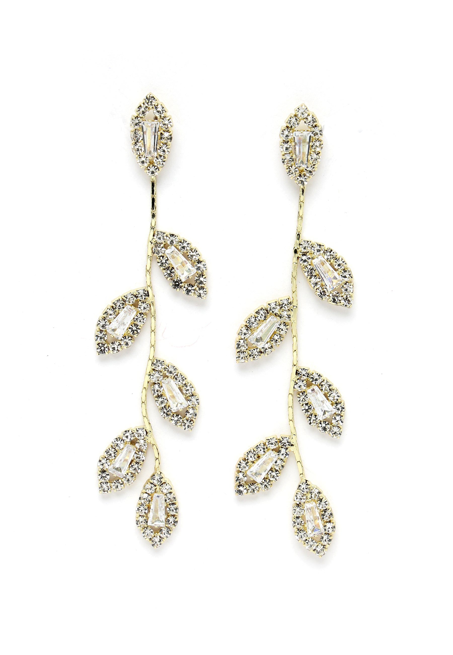 Gold-Colored Crystal Leaf Drop Earrings